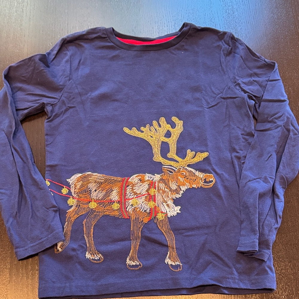 Boden Kids Navy Long Sleeve Tee with Reindeer Design